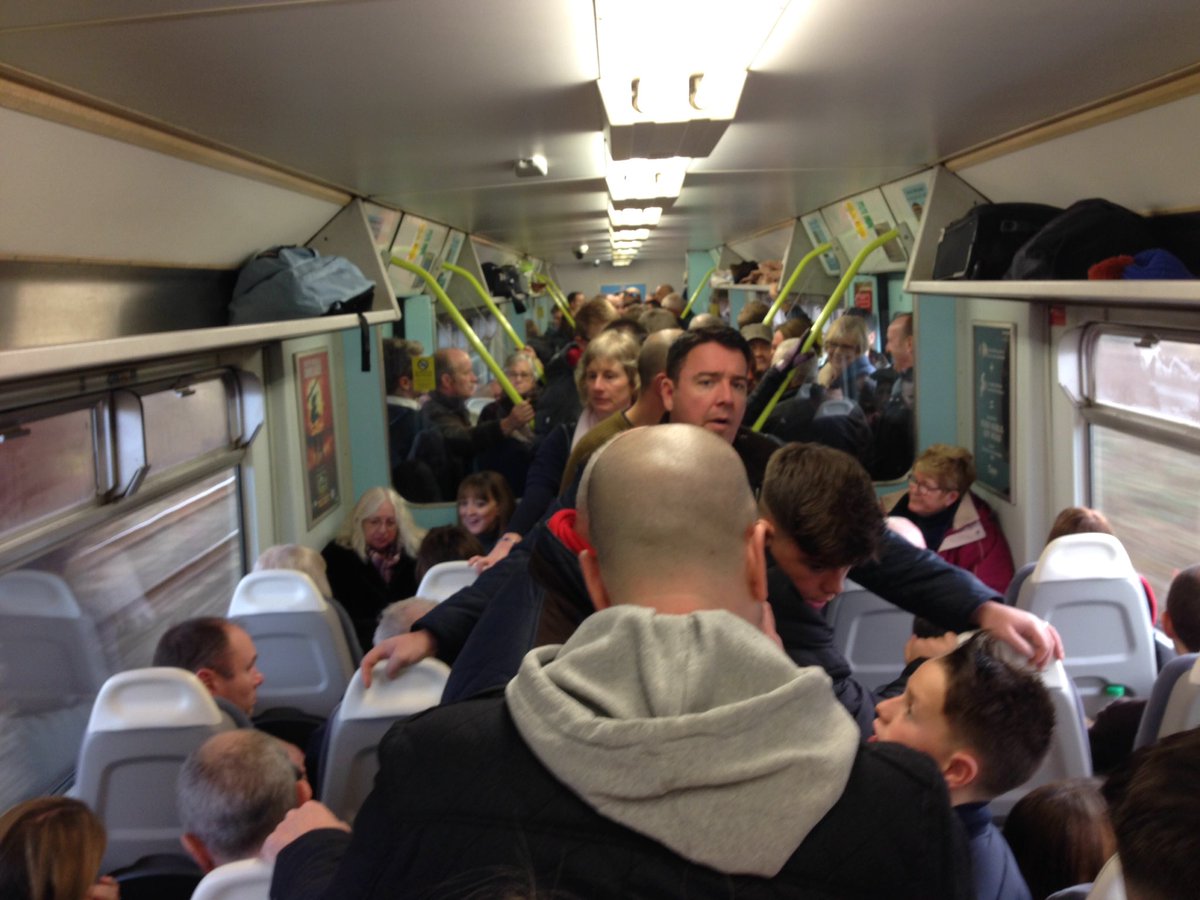 Paul_Cleverley's tweet photo. .@ArrivaTW why o why o why o why on international Rugby day do you still run the SAME service in to cardiff? The last standers squeezed on to two carriages at Caldicot - 4 more stops to make inc Newport !!!!!#angrypassengers #xmasshoping https://t.co/FZ0LxCOtV7