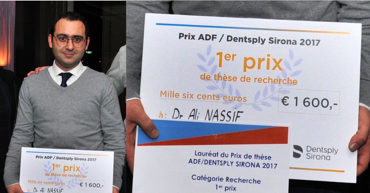 adfasso's tweet photo. 👏🏻Ali NASSIF -1er #Prix #Thèse #Recherche ADF/Dentsply-Sirona pour son travail "Rôle des #cellules #orales dérivées des crêtes neurales dans la #morphogenèse #crâniofaciale" #ADF2017 https://t.co/39uinTGPVU