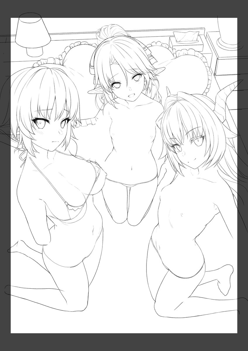 #このタグを見た人はラフ画とその完成絵を見せる
体の線画をある程度描いた後に上から服を描いています 