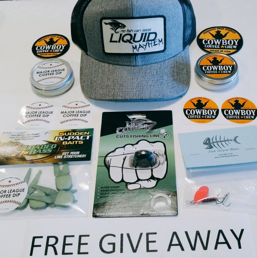 🚨 GIVE AWAY 🚨
🚨  CONTEST  🚨
Please RETWEET
LIKE &amp; or COMMENT 
to ENTER &amp; WIN a FREE
<a href="/LiquidMayhem_/">Liquid Mayhem</a> hat
⚾ &amp; 🤠 Coffee Chew
Patches &amp; Stickers
<a href="/Line_Cutterz/">Line Cutterz,  LLC.</a>
<a href="/LoadedForBass/">Loaded For Bass</a>
<a href="/FishSlayerBaits/">Fish Slayer Baits</a>
Fishing Gifts Prize Pack
RT for a Chance to WIN
ENDS Tuesday Night
#ChristmasIsComing🎄