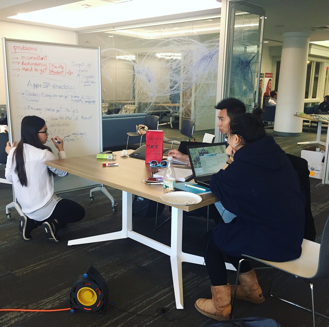 Mendix's tweet photo. Students at @Suffolk_U are busy #HappyHacking during #LocalHackDay! They're using the Mendix #lowcode platform to build a variety of apps like a menu curator and a student activity app - what app ideas do you have? #MendixUniversity https://t.co/71nDjkqtCu