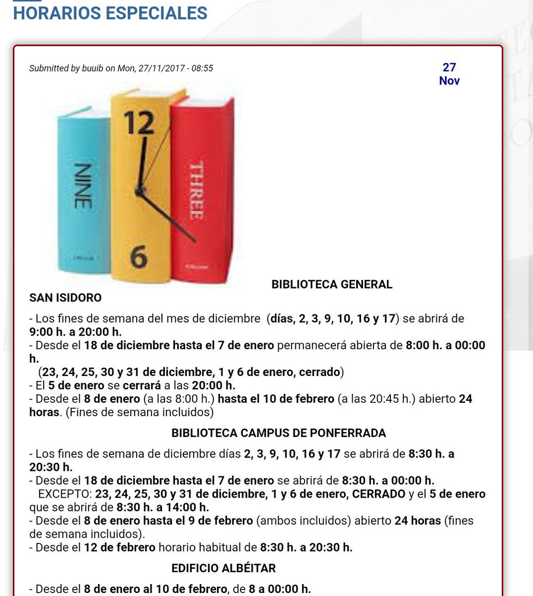 Recordaros que a partir de hoy <a href="/bibliotecaule/">Biblioteca Unileon</a> abre sus puertas en horarios especiales gracias al acuerdo de <a href="/JEULe_Unileon/">Junta de Estudiantes</a> con <a href="/unileon/">Universidad de León</a>, en el que participamos activamente, desde <a href="/uledact/">Laborales ULE</a> seguiremos exigiendo un horario adecuado para poder utilizar la biblioteca #leonesp