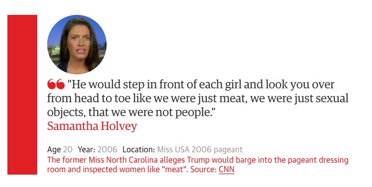 GuardianAus's tweet photo. @realDonaldTrump Samantha Holvey alleges @realDonaldTrump inspected women like "meat" in the dressing rooms of the 2006 Miss USA pageant. Holvey was 20 years old

The Trump sexual misconduct allegations – full list: https://t.co/sAc8T5FZYe https://t.co/o3GRrwNqLd