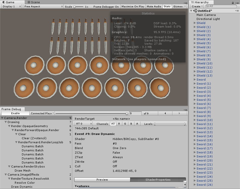 Tinovdk's tweet photo. @unity3d batching question: If a group of shields is 1 drawcall and a group of swords is another drawcall. Why are they combined 5 drawcalls? #confused #help #gamedev #unity3d @catlikecoding @AlanZucconi @paladinstudios #notafraidtoask https://t.co/GS8etBh20v
