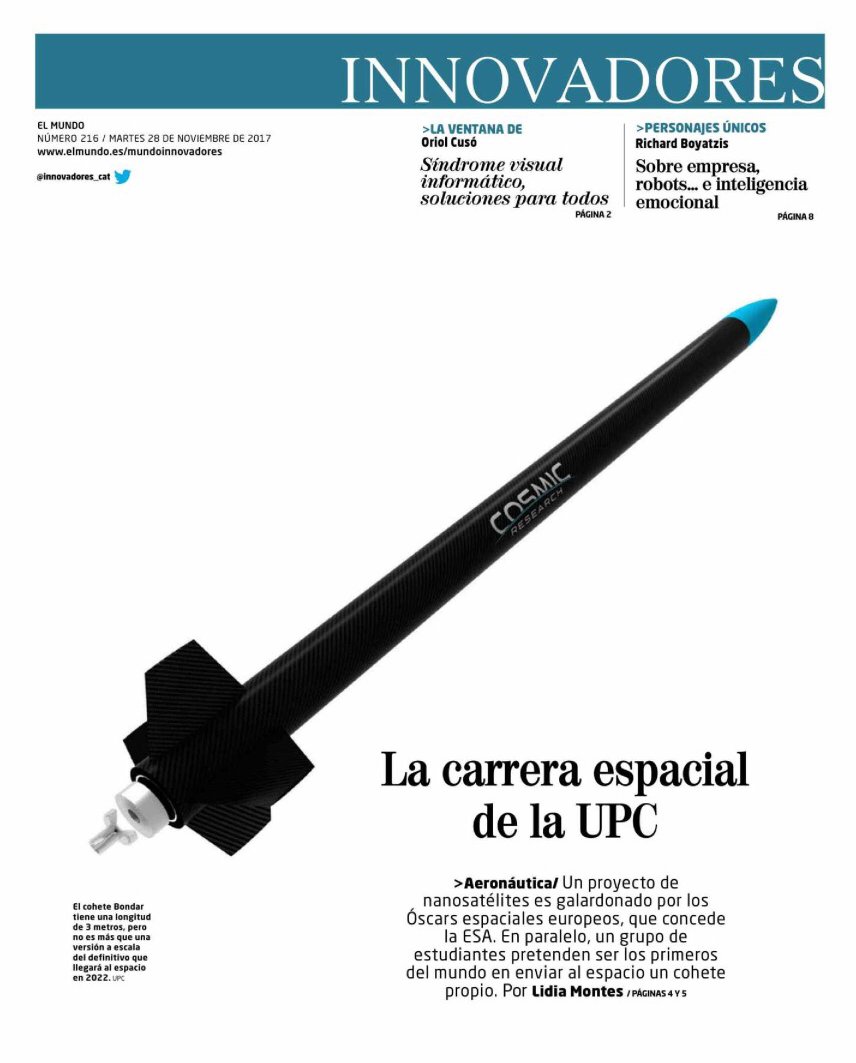 CosmicResearch's tweet photo. Esta semana @elmundoes nos dedicó junto a nuestros compañeros de #nanosatlab 3 páginas de su versión impresa. Gracias por contar nuestra historia! @eseiaat @la_upc Artículo aquí: https://t.co/kgYVsBclwO https://t.co/SRZKZKFue8