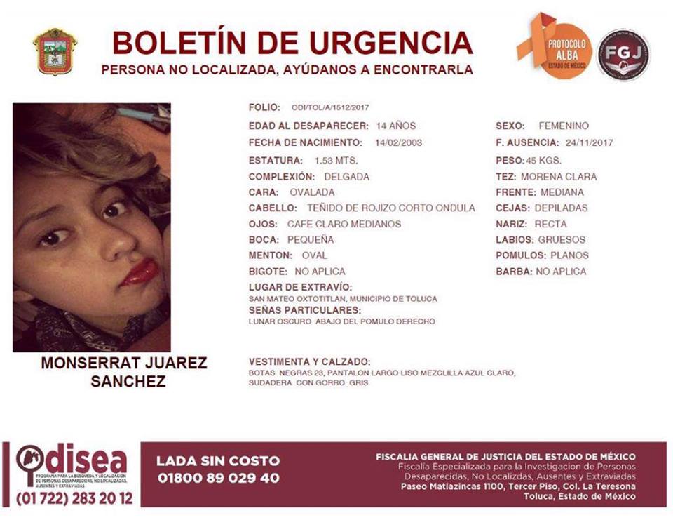 ElInformanteMX's tweet photo. Desaparece otra menor en #EdoMex, tal vez gracias a ti podamos localizarla. COMPARTE. Monserrat Juárez Sánchez de 14 años. #Odisea https://t.co/9Et8wiaw4d