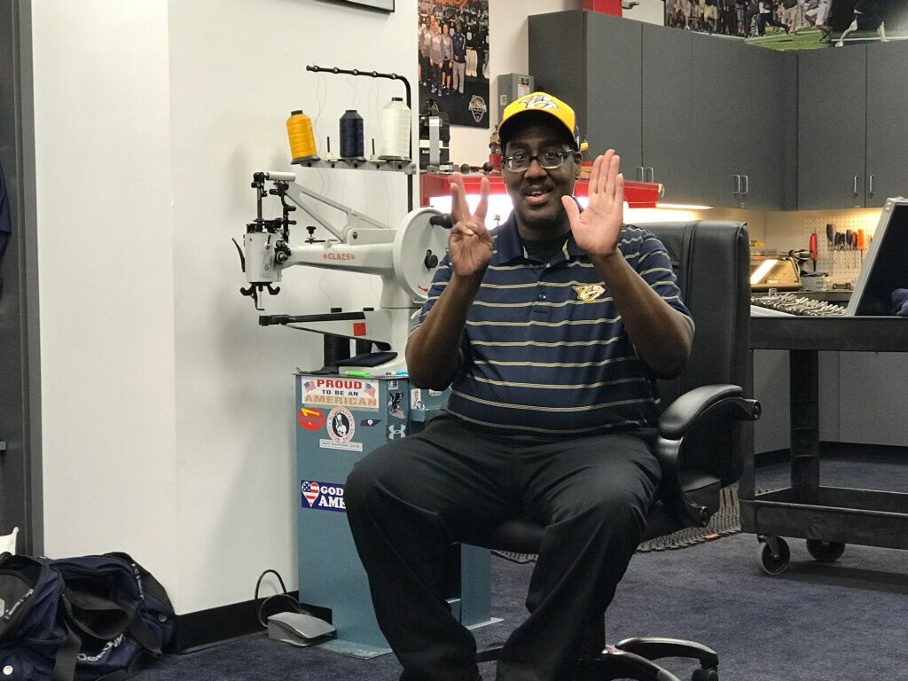 PeteWeberSports's tweet photo. He tells us how old he is today: from @PredsNHL equipment room. #happybirthday Craig "Partner" Baugh! https://t.co/l1j93yuDW7