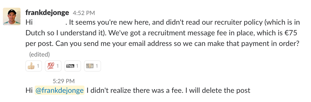 frankdejonge's tweet photo. A recruiter entered one of #php's communities (#phpnl) and wanted people to sign up for his "developer focused platform" (yeah right). As a good community member I defend my own... and had some fun with recruiters for a change. Feel free to copy my technique: https://t.co/bOsDnUdV77