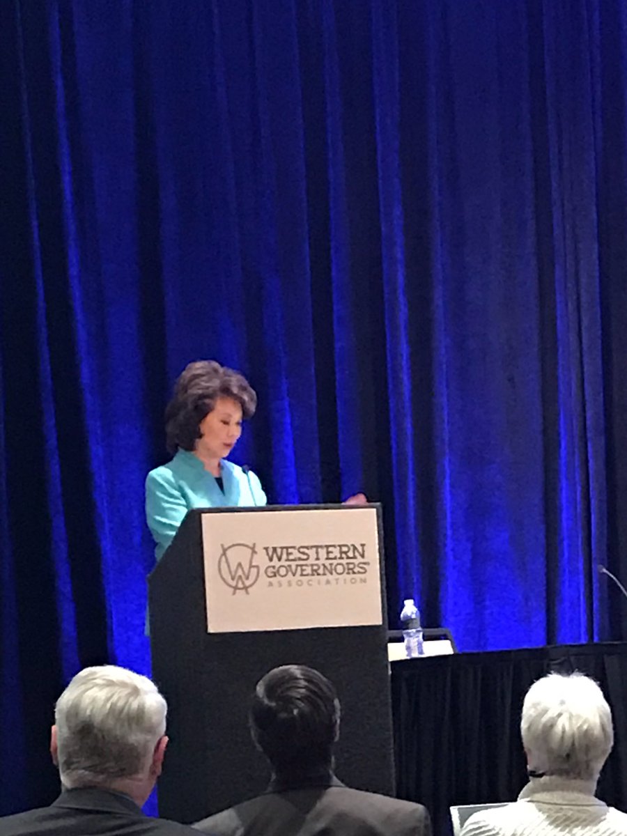 LeviBachmeier's tweet photo. USDOT Secretary Chao shouting out Gov @DougBurgum, ND UAS leaders, and #dronefocus at #westgov17 🛸#ndpol https://t.co/gPiynNleHO