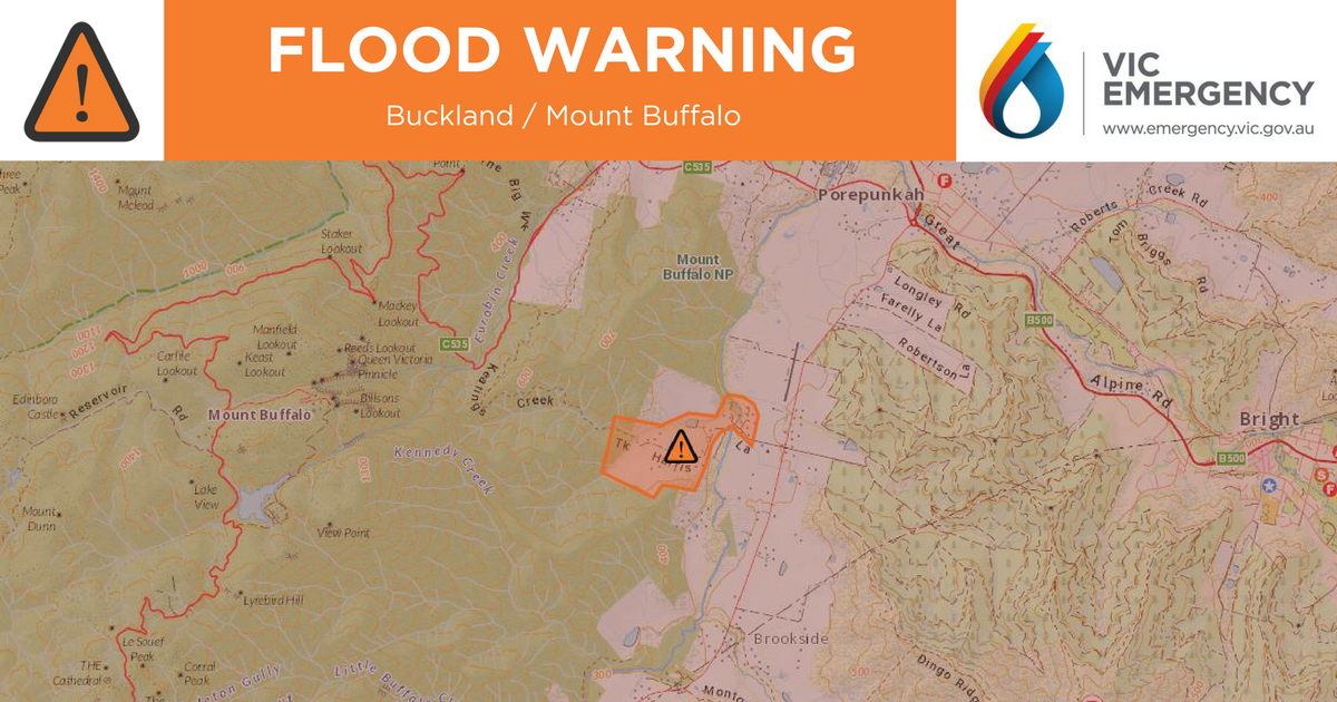 vicemergency's tweet photo. This Moderate Flood Warning is being issued for Harris Lane and Wallace Drive area in the Buckland Valley near Porepunkah.
This is an update, replacing the "Preparation to Evacuate Warning" for areas near Porepunkah. #BucklandValley #Porepunkah
https://t.co/zjXfEdyfIb https://t.co/VBJQcY9WFA