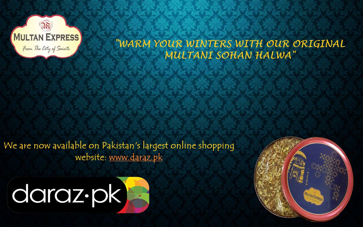 multan_express's tweet photo. "Warm Your Winters With Our Original Multani Sohan Halwa"

#Seasonal Offer! 

Save up to 40% on @multan_express 's Original Multani Sohan Halwa @ #DarazPk
For order: https://t.co/pkwgPSgKiS

#Pakistan
#Islamabad
#Karachi
#Lahore
#Quetta
#Peshawar
#darazbigfriday17
#VEONBigFriday https://t.co/pLxvNNeFCt
