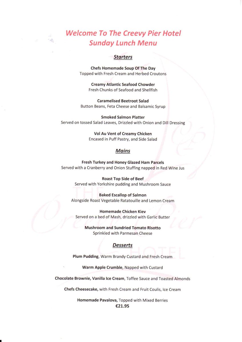 Our NEW #SundayLunch Menu Served tomorrow from 12 noon - 5pm followed by A La Carte to 8.30pm, * Kids U12 eat free with each adult main course.
To Book a table call us on 071 9858355.