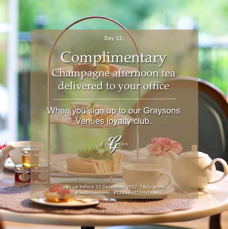 #CompetitionTime win a complimentary champagne afternoon tea, delivered to your office, when you sign up to our Graysons Venues Loyalty Club

To get three entries to win this amazing #12DaysofChristmas prize, sign up to the Loyalty Club here: goo.gl/jWZDvv