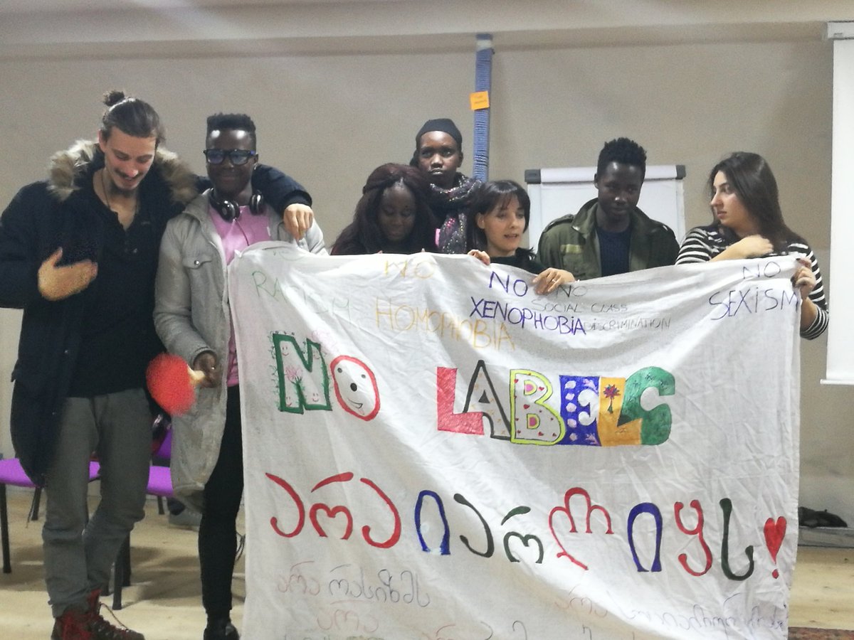 EuroBugInt's tweet photo. Last night in Surami on #Createyouthside youth exchange. Young people presenting the outcomes of their creative workshops on deconstructing LABELS @Leargas @EUErasmusPlus https://t.co/qjjWzN7DHn
