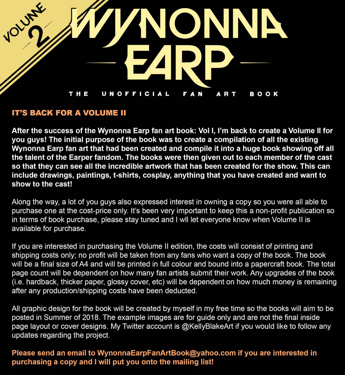 KellyBlakeArt's tweet photo. Calling all WYNONNA EARP FAN ARTISTS to the Wynonna Earp Fan Art Book: Volume II
Get your artwork submitted by 31st March 2018 to get your artwork into the book! Submit a maximum of 4 pieces per #Earper! #WynonnaEarp
@KatBarrell @DominiqueP_C @realtimrozon @ShamierAnderson https://t.co/9C8LLrTzEp