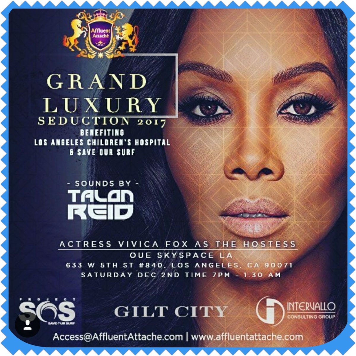 MsVivicaFox's tweet photo. Happy Blessed Sat! EXCITED TO BE HOSTING Grand Luxury Seduction 2017 2nite Dec 2nd at the US Bank building on the 80th floor in Downtown LA! Red carpet opens at 7pm! See ya soon dawlings! 😍😎🙌🏾 #ProjectSaveOurSurf  #SaveOurSurf  #affluentattache #Childrenshospital https://t.co/0jcD4Dha7e