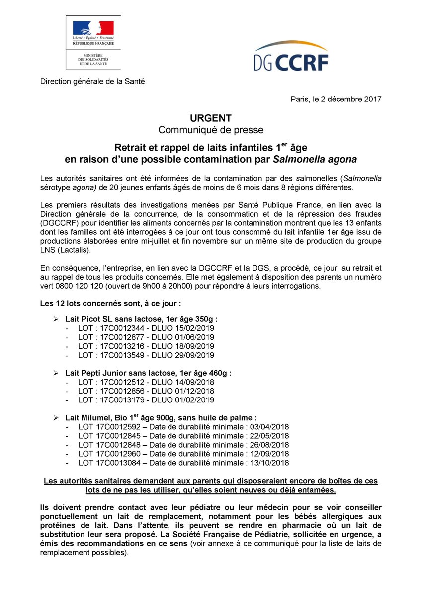 ‼️Retrait et rappel de laits infantiles 1er âge de marques Picot et Milumel en raison d’une possible contamination par Salmonella agona. Les n°de lots et reco pour laits de substitution : solidarites-sante.gouv.fr/actualites/pre…