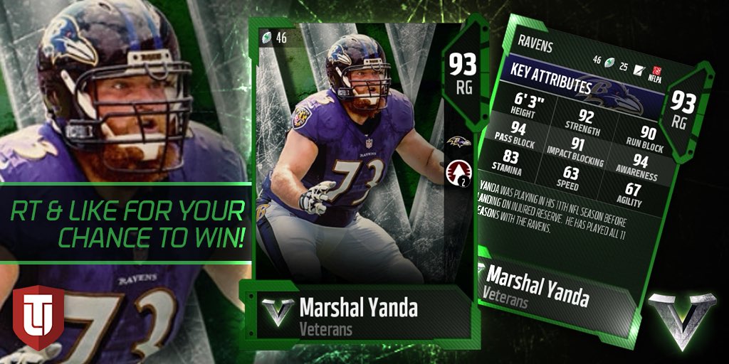 EASPORTS_MUT's tweet image. Marshal Yanda was playing in his 11th NFL Season before landing on injured reserve. He has played all 11 seasons with the @Ravens #Veterans #MUT