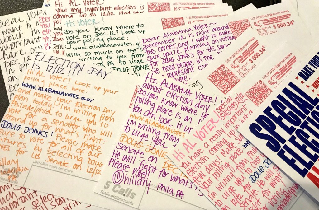 MrsL132's tweet photo. @HillaryClinton Working on getting some postcards out for #alsen in support of @GDouglasJones, thanks to @make5calls! We can’t stop. #Hillary4Hillary #onward https://t.co/InMJnrq76m