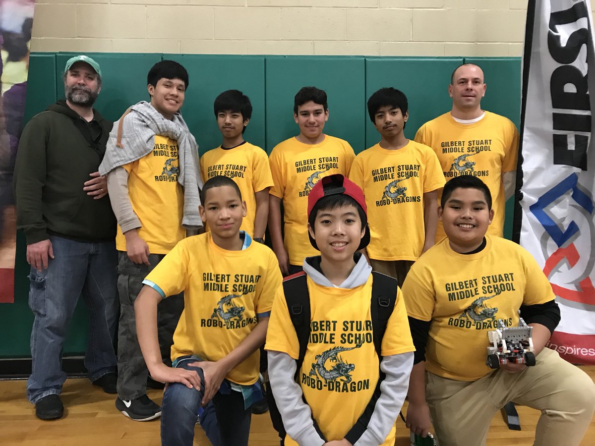 DanVilliard's tweet photo. It’s official! The #gilbertstuartmiddleschool Robotics Team qualifies for the 2018 State Championship! Next stop......#rogerwilliamsuniversity in Bristol, RI. Go Robo-Dragons!!! https://t.co/n3rq86mUZ5