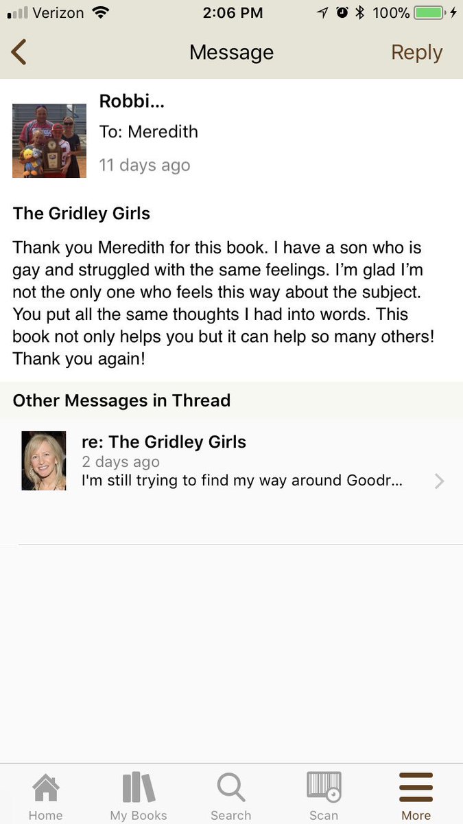 MeredithFirst's tweet photo. Recently got this note on Goodreads that brought me to tears. I don’t know this person but I’m THRILLED she took the time to message me AND write a review. Thank you to everyone who writes reviews! #LoveIsLove #YAL #amwriting #amreading #author #GridleyGirls @BookSparks https://t.co/7NxxZtKJSm