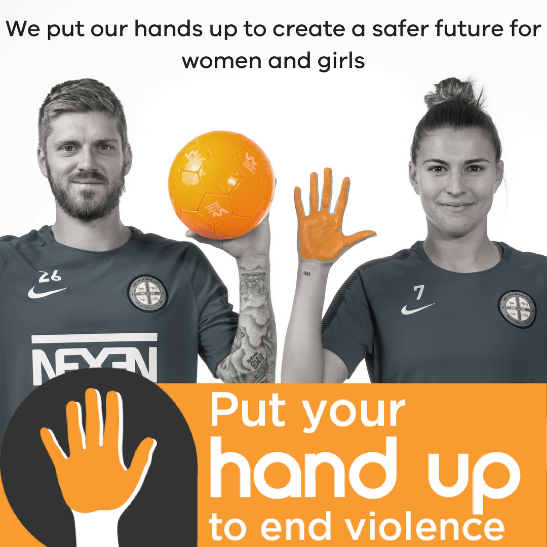 MelbourneCity's tweet photo. We've put our hands up with @WomenVictoria to end violence and support a Victoria that will be #freefromviolence Join us as we #goorange for this brilliant cause.  #putmyhandup https://t.co/slgMQvCcLt
