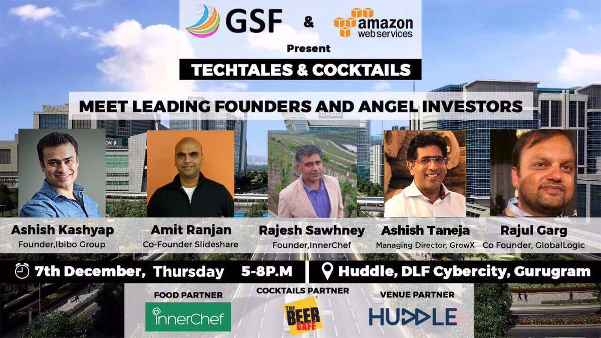 gsf_fund's tweet photo. Techtales &amp; Cocktails

10 super investors will discuss nuances of raising seed and series A rounds for your startups

5 pm, Dec 7, Thursday at @huddle_work CyberCity, Gurgaon

@ashishkashyap @amitranjan @rajeshsawhney @ashish__taneja @rajul_g @growXventures @theemptyhead https://t.co/NqJ5j4tHAj