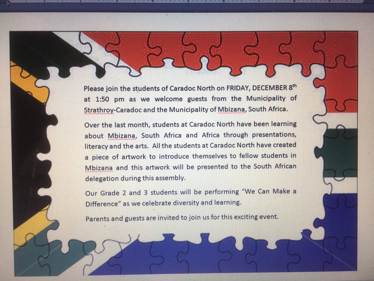 We're excited to be welcoming guests from Mbizana, South Africa to our school on Friday, December 8 at 1:50