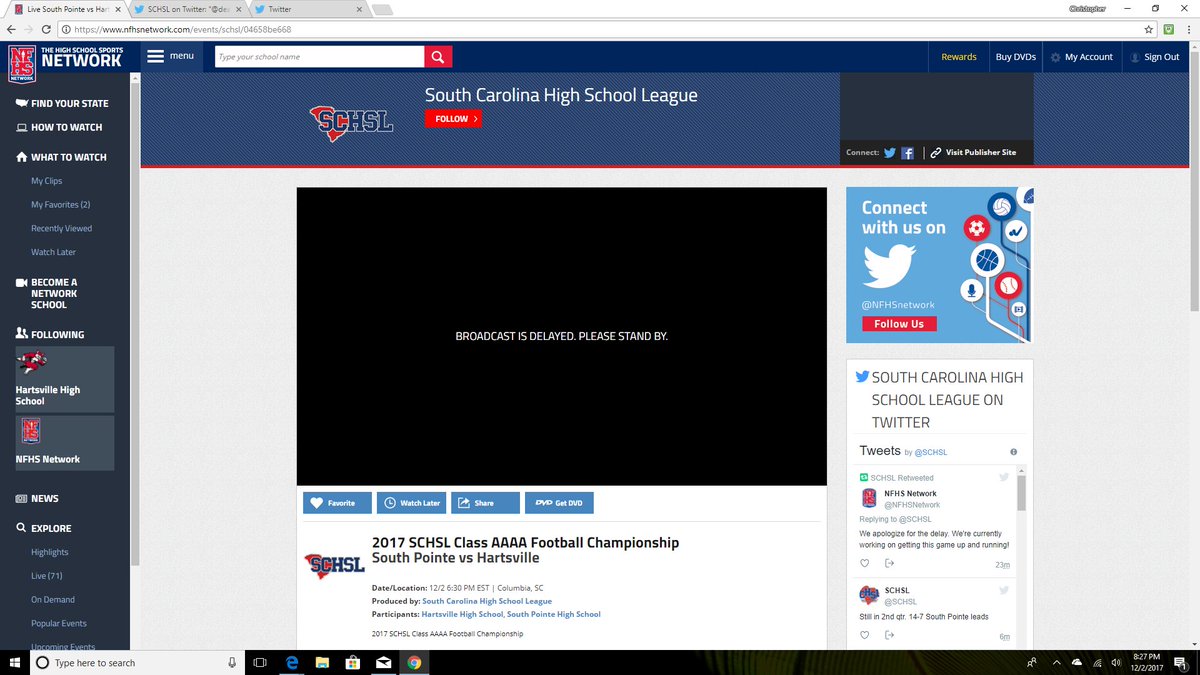 comdesron7's tweet photo. @SCHSL @deamondre7 @NFHSNetwork I been trying to get into this stream also. 
BROADCAST IS DELAYED. PLEASE STAND BY. https://t.co/pr0YJxYqmN