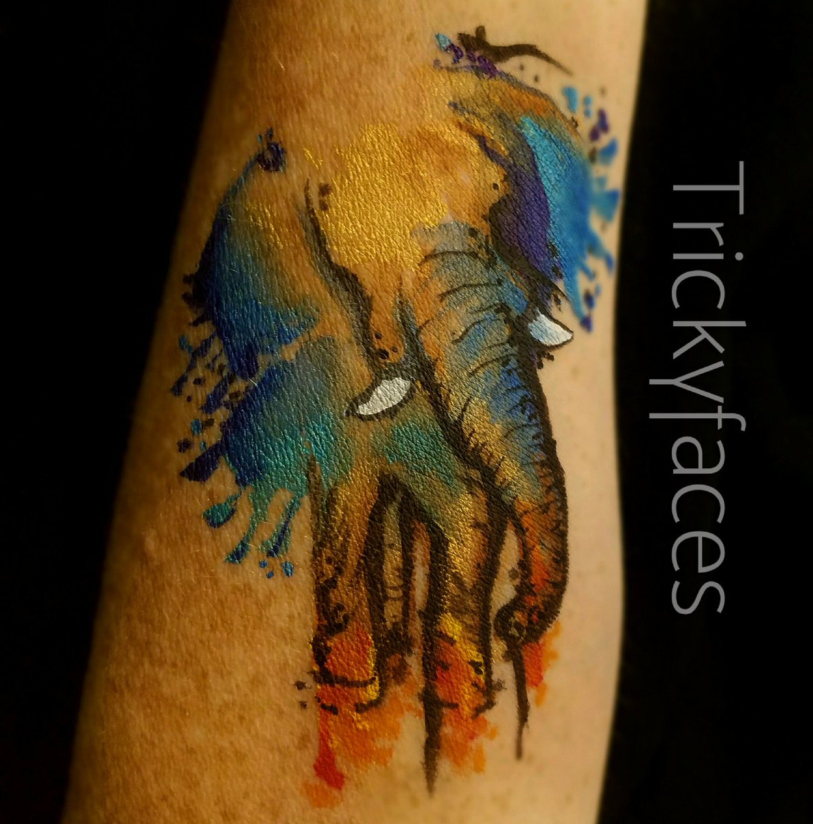 Trickyfaces's tweet image. Elephant inspired by a watercolor tattoo. #Trickyfaces #facepaint #elephant #watercolor
