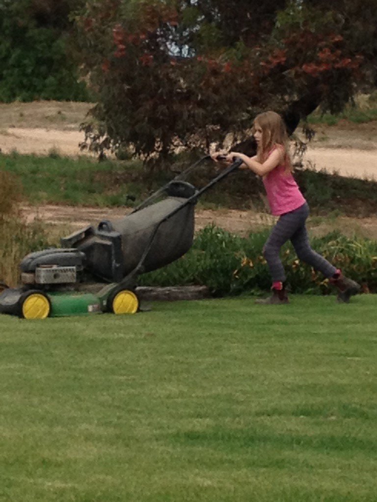 Dad lets go reaping. No mate it's too wet. I'll teach you how to mow the lawn instead. Now she wants Sunday rates!