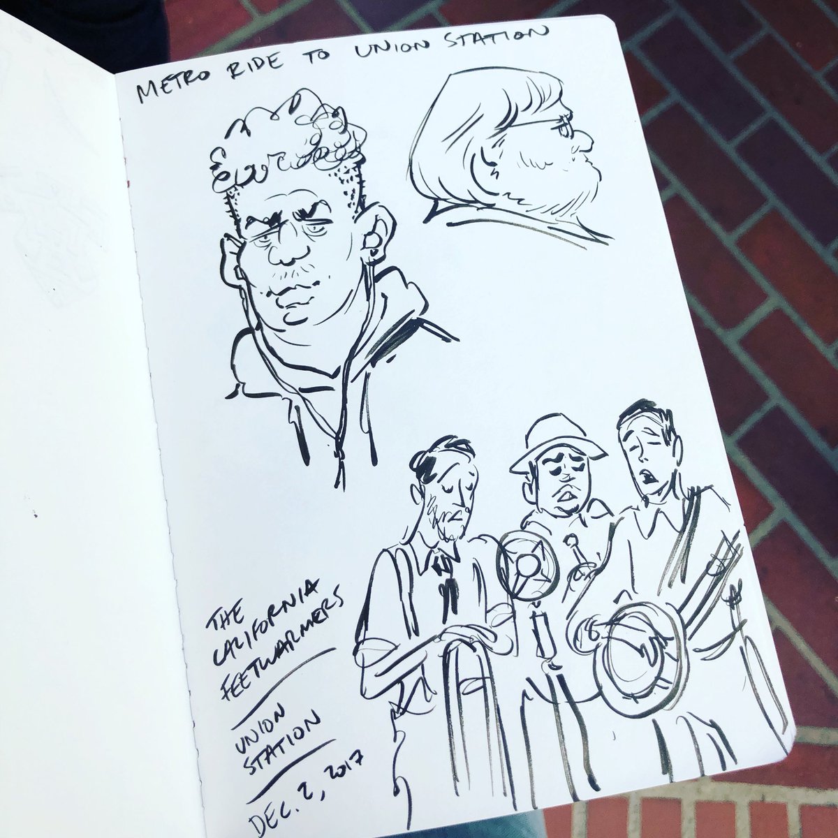 Some drawings from the train and a little adventure I went on today. Didn't know there was a festival at union station. @CaliFeetWarmers were sensational! 