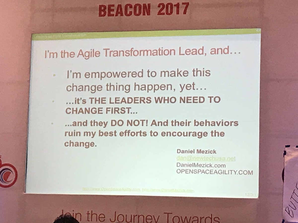 MichaelSahota's tweet photo. All 3 Keynotes at #AgileBeacon say the same thing - #Agile success requires #Leaders Change https://t.co/XrkMnuoiBX