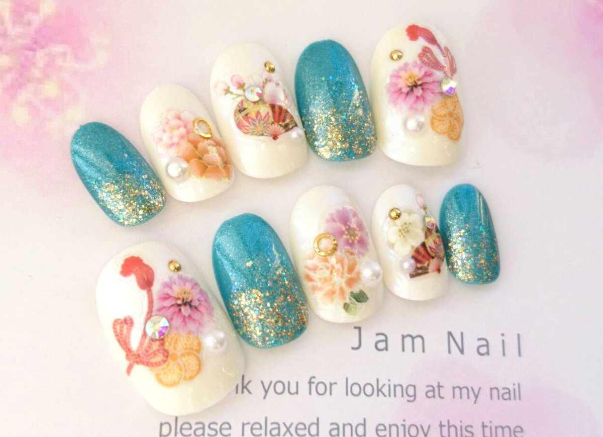 Jam Nail A Twitter 緑とピンクと黄色のお花の和柄のネイルチップ Creemaにて販売中です T Co Akjnw5jeqb 緑ネイル 成人式ネイル 振袖ネイル 袴ネイル 緑振袖