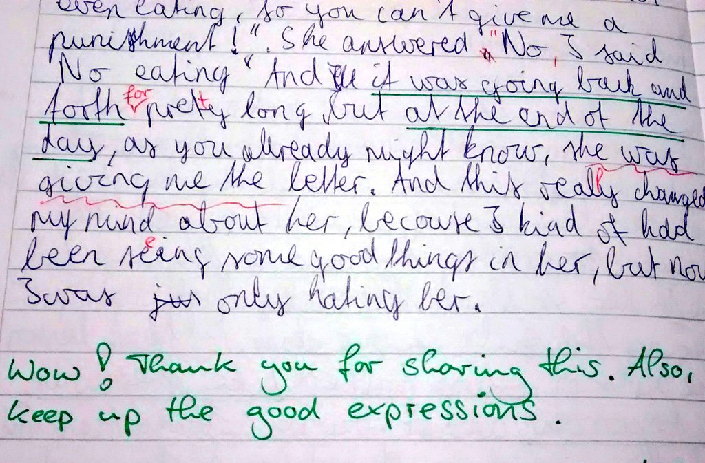 LeoWill11's tweet photo. How do you feel about #writtenfeedback ? It's time-consuming but crucial, I believe. I use a green pen to highlight the good things. #EFL https://t.co/wG8AFUVroG