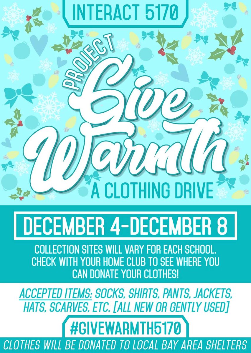 interact_5170's tweet photo. Keep someone warm this winter with the gift of clothing! Project Give Warmth aims to collect 500 items by the end of the week, December 8th. Check w/ your home club starting on December 4th for information on where to donate your new/gently used clothing! https://t.co/HVSLS6KNjC https://t.co/q9Q60zOAdj