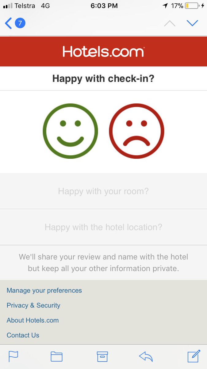 sarahdoody's tweet photo. Nice effort by @hotelsdotcom to gather #microfeedback about my experience, but I didn't check in yet!! #ux https://t.co/0pAK2qpnhX