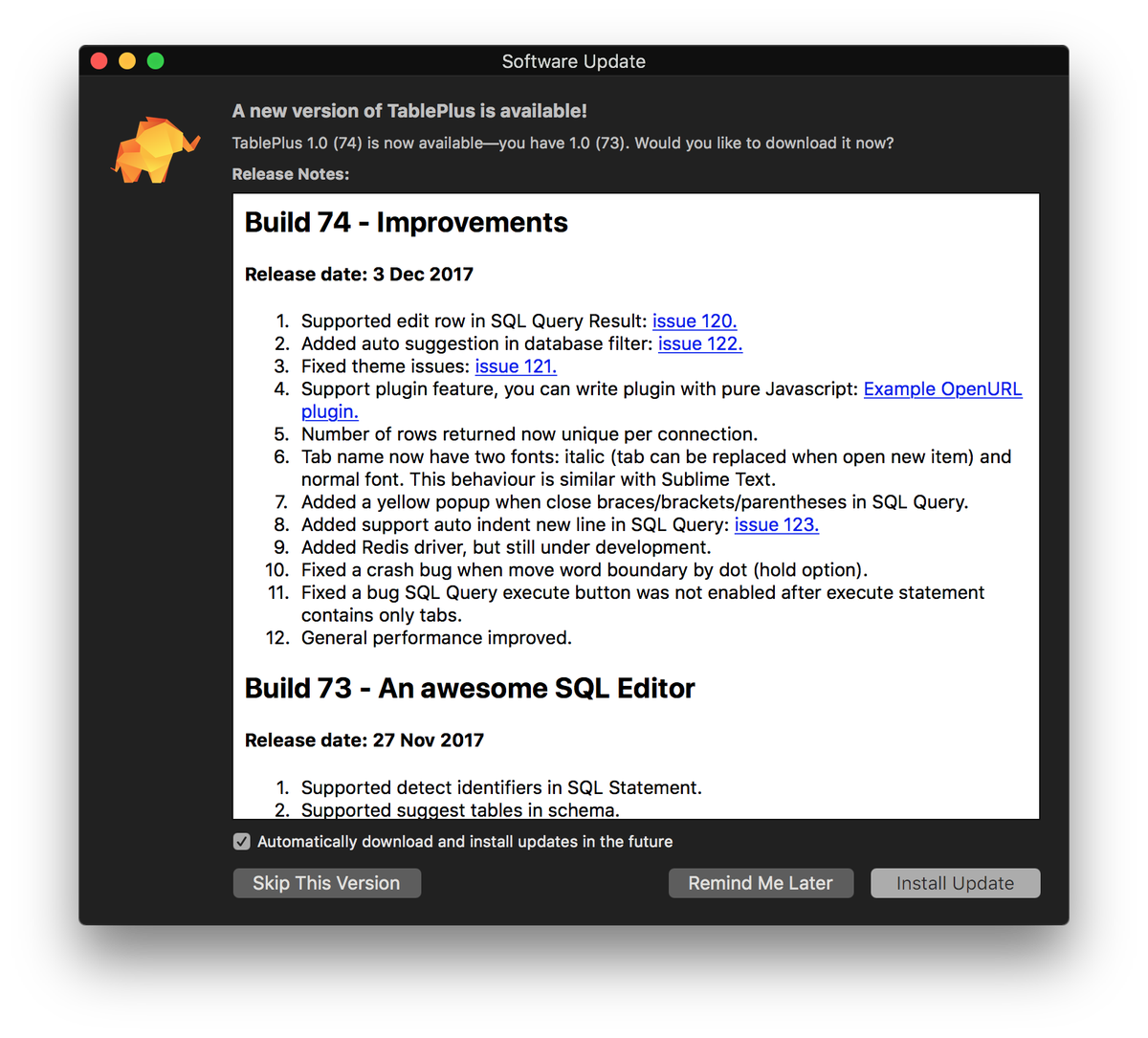 TablePlus's tweet photo. TablePlus build 74 is released π thanks for you all feedbacks.
#TablePlus #Build73 #PostgreSQL #MySql #SQLite #MSSql #TablePlusPlugins #Redis https://t.co/bEtOygRW3h