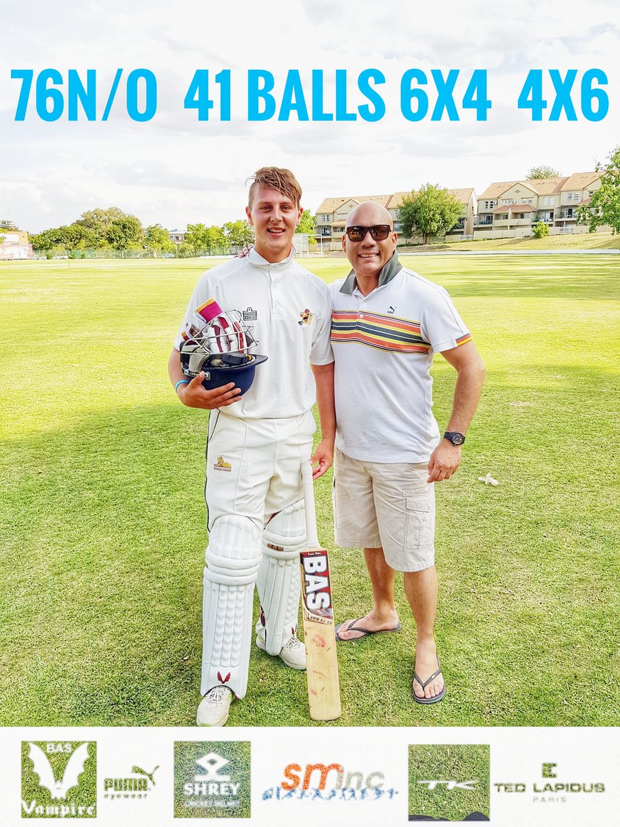 Hard work definately pays off.
What a great knock by @delanopotgieter
For the #Strikers @gauteng_cricket
76 not out ..... You beauty !!!

Keep on going brother. 

Thanking the Sponsors / Partners 
#BasCricket #ShreyHelmets #TedLapidus
#TKSPORTS #PumaEyewear 

#Cricket
#FutureStar
