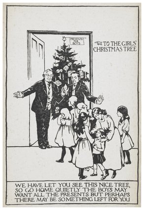 Rosball's tweet photo. #SuffrageAdvent No.3 'The Girls' Christmas Tree' @MuseumofLondon 
"We have let you see this nice Christmas tree, so go home quietly. The boys may want all the presents but perhaps there may be something left for you." https://t.co/7LgPw2vIRD