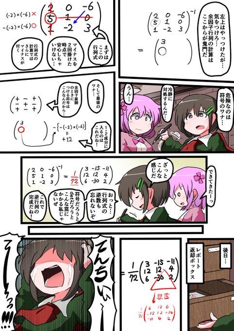 余因子行列に張り巡らされた罠

逆行列をお求めの際は,最後に検算 ( AA^(-1)=E の確認) を怠りなきよう. 