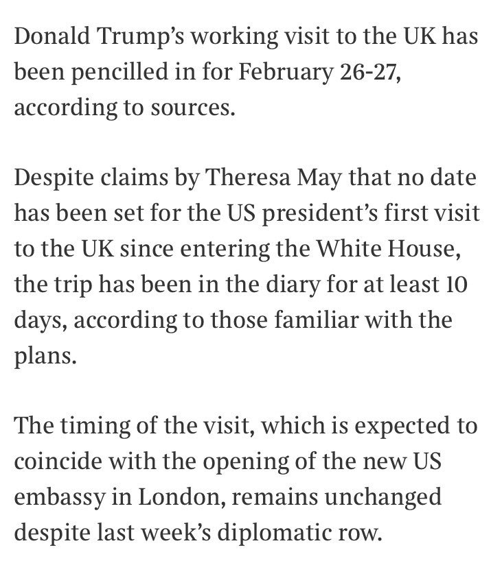 Sunday Times reporting Trump ‘flying visit’ has been pencilled in for 26-27 February. Save the date, he’s going to be met by the biggest protest this country has ever seen.