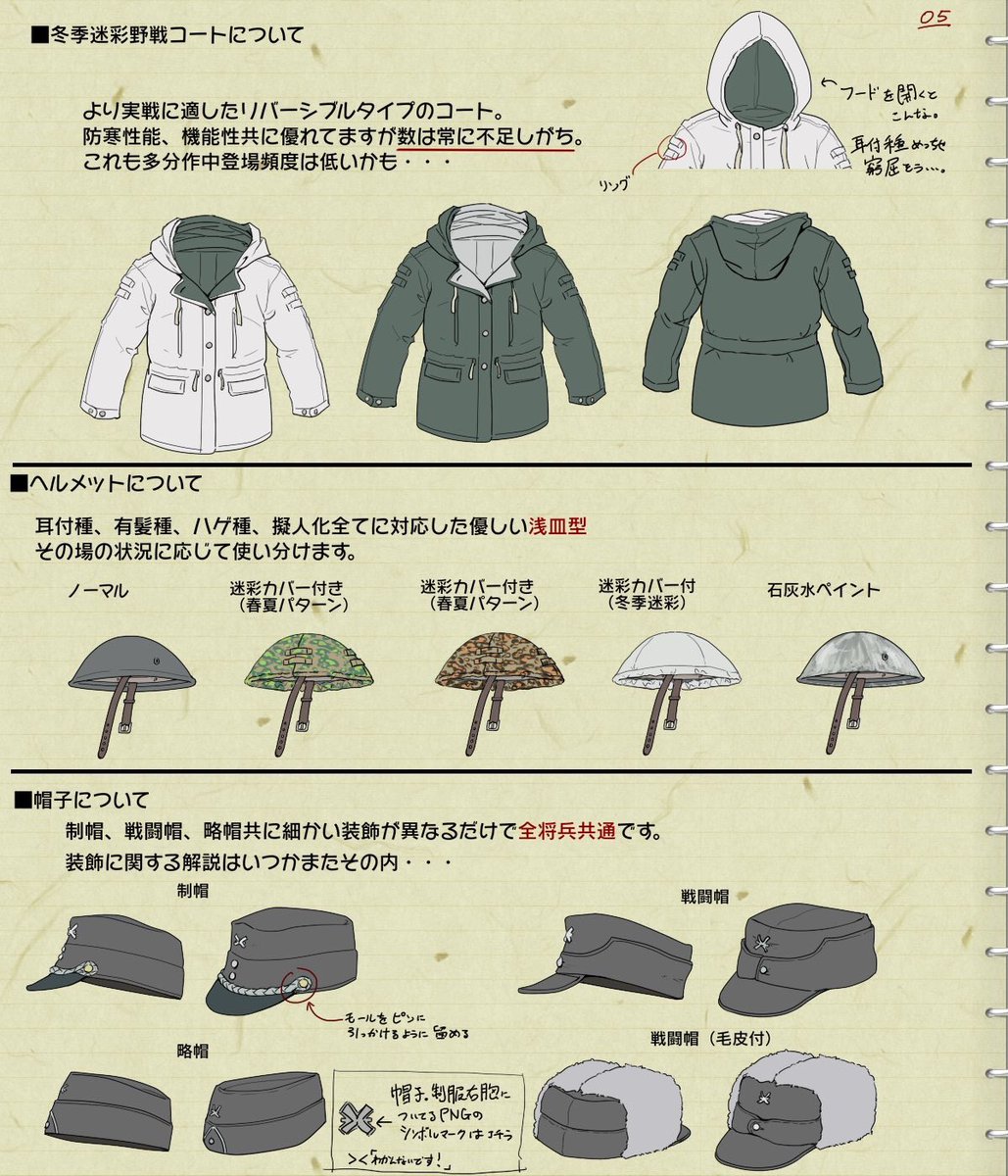 続き。冬季装備と野戦の迷彩スモック類、被り物その他
後知恵ですが背広系の襟ってそこまで伸ばさないのが正解みたいですね、資料に載ってる分は直さないけど(直せない) #UnderRecord 
