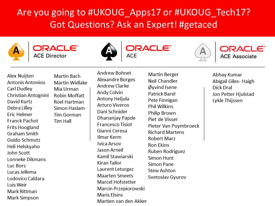 oracleace's tweet photo. @UKOUG's Super Sunday #ukoug_tech17 #ukoug_apps17 features a ton of @oracleace's! Check out their sessions and #getaced https://t.co/fVySxYbQTa