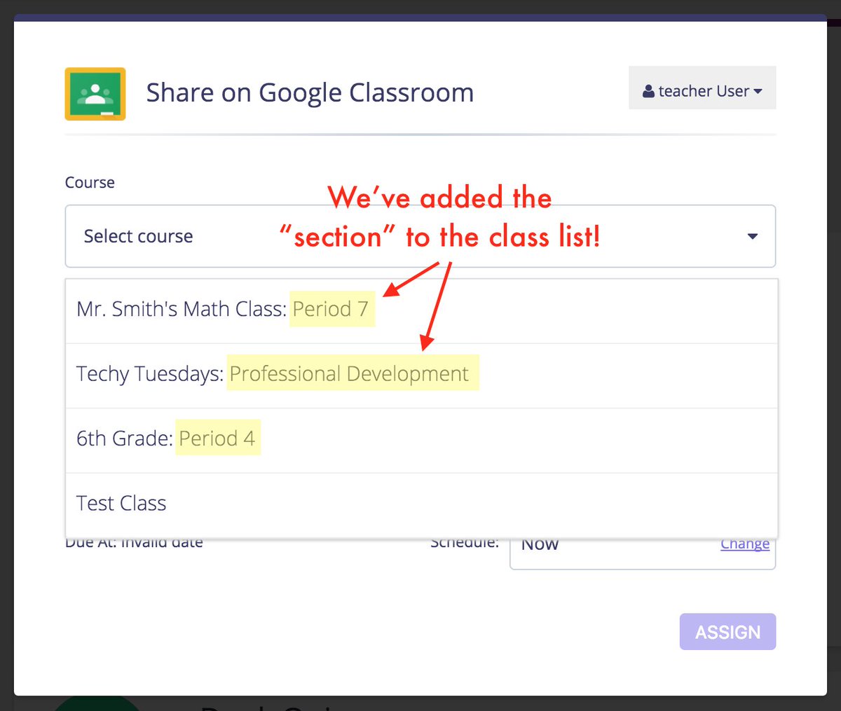 waygroundai's tweet photo. Small update to the Google Classroom Share dialog... earlier it wasn't displaying the "section", which made it hard to identify the class. Fixed now!
(Want something fixed on Quizizz? Tweet to us with #QuizizzDev... we're listening :) https://t.co/8ep05hlOiW