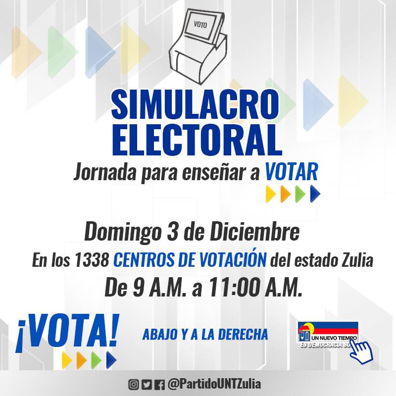 UntAlonsoOjeda's tweet photo. Hoy en los 1338 centros de votación, a las 9:00AM se realizará el #SimulacroElectoral ¡VOTA! Abajo y a la derecha, por el Zulia y Lagunillas https://t.co/FwU4dMQfB9