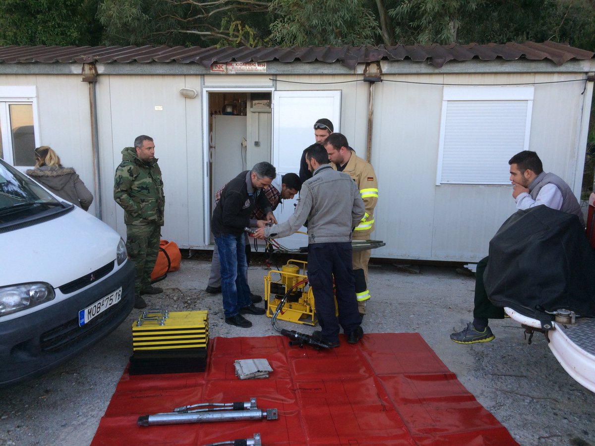 SAFeRS_eV's tweet photo. Training on the equipment is just as important as the equipment itself - here is the voluntary fire station on Ikaria getting a hands-on introduction on their new hydraulic rescue set brought by @SAFeRS_eV https://t.co/BxHaBqWE9M