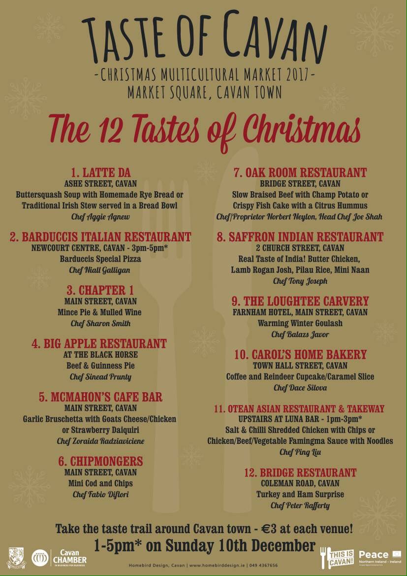Next Sunday 10th Dec 1-5pm, Cavan town, part of multicultural Christmas market, crafts, food, choirs, dancing, cookery demos, what's not to like!