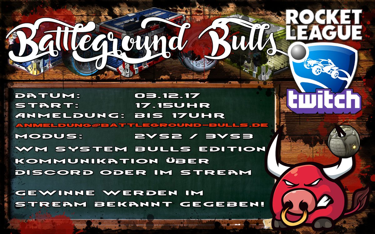 BattleBulls's tweet photo. Denkt dran euch anzumelden. Wer zuerst kommt malt zu erst. #giveaways #adventskalender2017 #RocketLeague #turnier #BG_Bulls

https://t.co/GDdqhmCtmi https://t.co/7WfcWW95OT