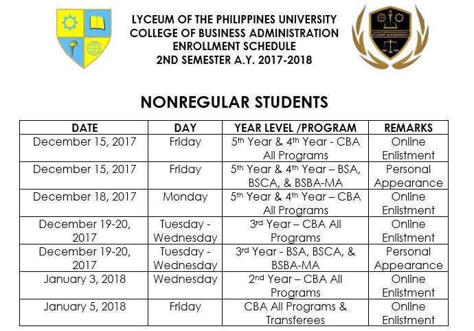 CBA enrollment schedule: 2nd Semester A.Y. 2017-2018